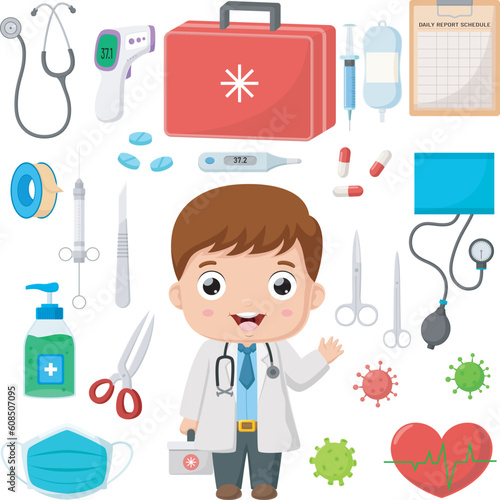 Cute little doctor cartoon with hospital elements