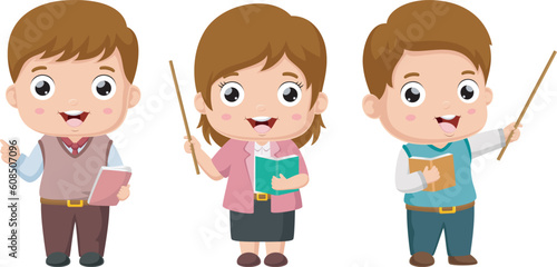 Set of cute little teacher kid cartoon