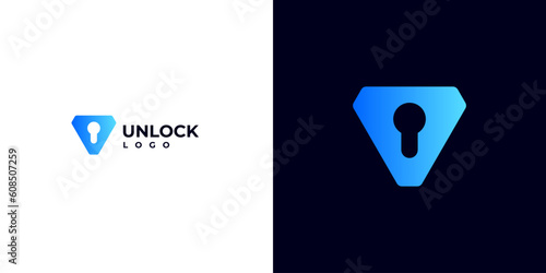 logo for a Web3 Blockchain Development Agency. Unlock logo with V shield Keyhole. safety data logo.