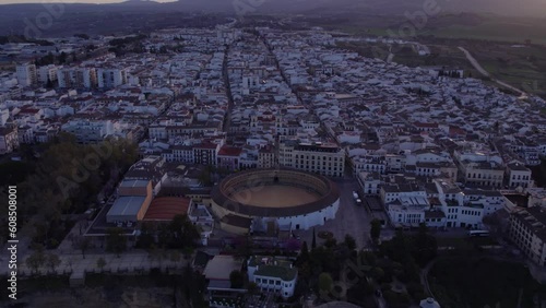 Reveal shot of a big rodeo arena Plaza de Toros de Ronda, oldest bullring, aerial