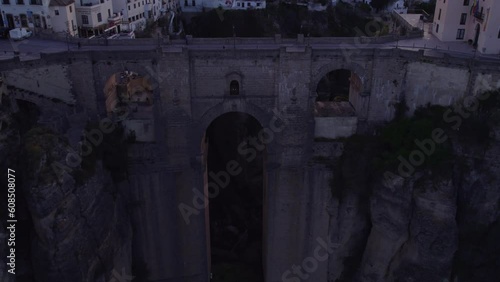 Famous unesco heritage town Ronda and Puente Nuevo Bridge at sunrise, High quality 4k, Aerial