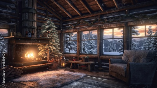 A cozy winter cabin with a roaring fire surrounded by snowy trees. Generative ai