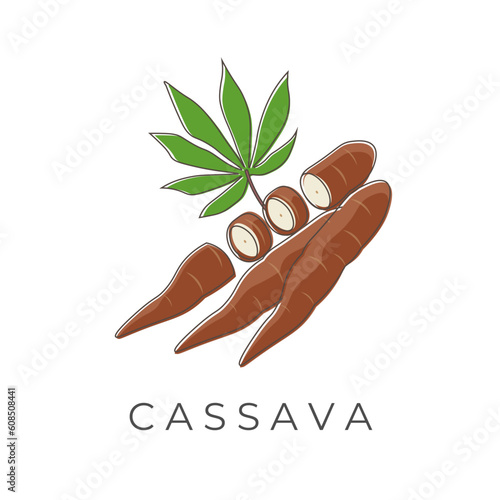 Illustration Logo Cartoon Slices Cassava Root With Leaves