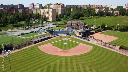 Arrows  family Ostrava park. Green baseball  drone view on sunny light day. Czech Repuplic... photo