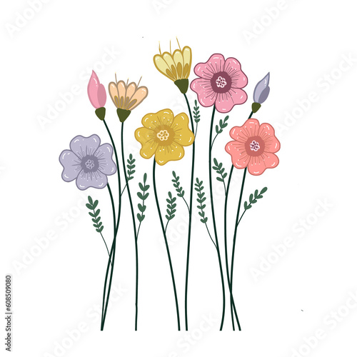 Spring flowers with green leaves flat illustration in a cute cartoon clipart style in pink, yellow, and purple pastel 