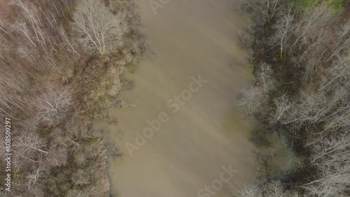 Aerial establishing view of high water in springtime, Barta river (Latvia) flood, brown and muddy water, sunny day, wide birdseye drone shot moving forward, tilt up photo