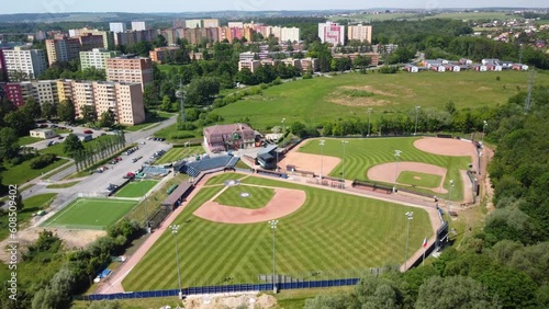 Family Otrava park. Green baseball  drone view on sunny light day. Czech Repuplic... photo