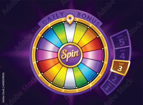 Colorful wheel of fortune. Slots or casino element design. Spinning lucky roulette vector illustration. Gamble Chance Leisure. Prize draw. daily login bonus. Jackpot Prize