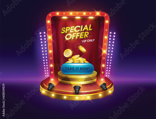 dialog casino slots games. Vegas slot vector illustration. game interfaces. podium special offer pop up with coins and button