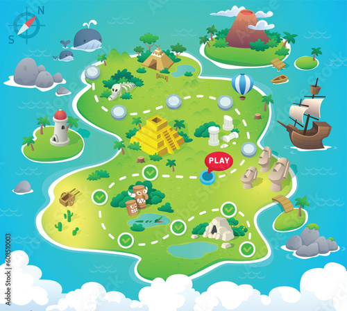 Game Map. Pirate Treasure Maps for children. island. Vector background for game interface. Uninhabited island
