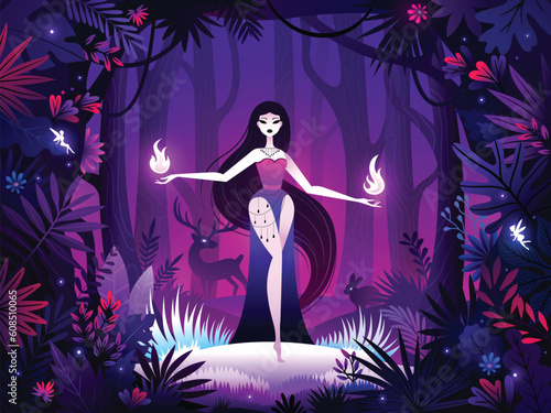 Girl in the deep forest. Goddess in jungle with leaves and animals. The woman vector illustration