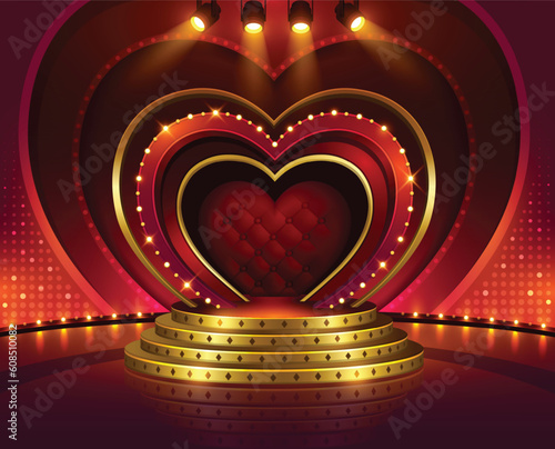 Heart music stage game screen. Show performance begins with hearts podium. Concert illuminated by spotlights vector illustration