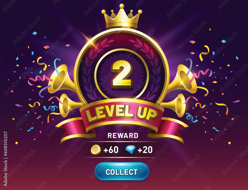 Level up game. get reward with collect coins button. Vector award