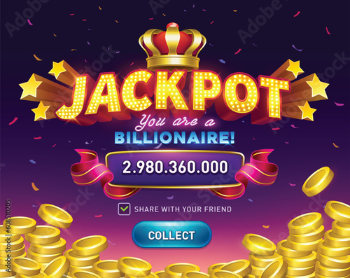 Jackpot. gambling game bright banner with confetti. Slots games. Shining retro sign. Casino or lottery advertising template. big win. vector illustration