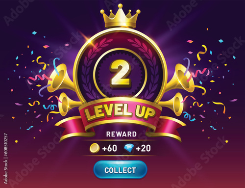 Level up game. get reward with collect coins button. Vector award shield with wing, ribbon award. Interface GUI, mobile or web game