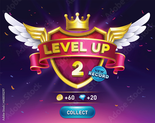 Level up game. get reward with collect coins button. Vector award shield with wing, ribbon award. Interface GUI, mobile or web game