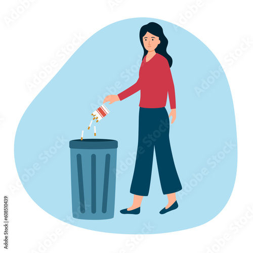 Woman throw cigarettes into trash can in flat design. Female quit smoking concept vector illustration.