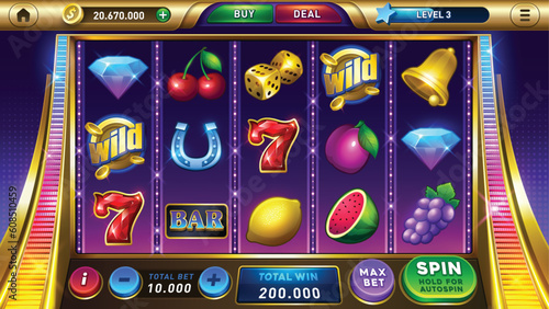 Main screen for slots games. Slots Gameplay icons and buttons. Mobile Game Assets. user interface. casino slot machine template. Vector illustration