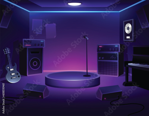 Music room. Interior of band rehearsal space. stage and microphone