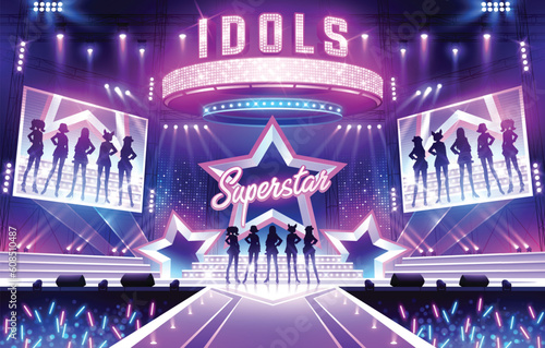 Music stage game screen. Show performance begin with lighting and audience. Concert illuminated by spotlights. Female idol dancing on the dance floor. Superstar posing photo
