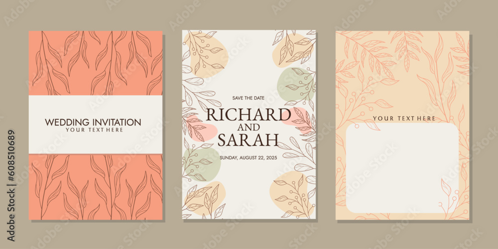 Luxury invitation card background with line art flowers and botanical leaves, Organic shapes, Watercolor. Vector invitation design for wedding cover template, flyer, cover, book, card.
