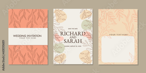 Luxury invitation card background with line art flowers and botanical leaves  Organic shapes  Watercolor. Vector invitation design for wedding cover template  flyer  cover  book  card.