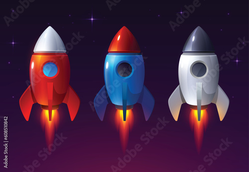 Space rocket launch and flies. spaceship retro vintage