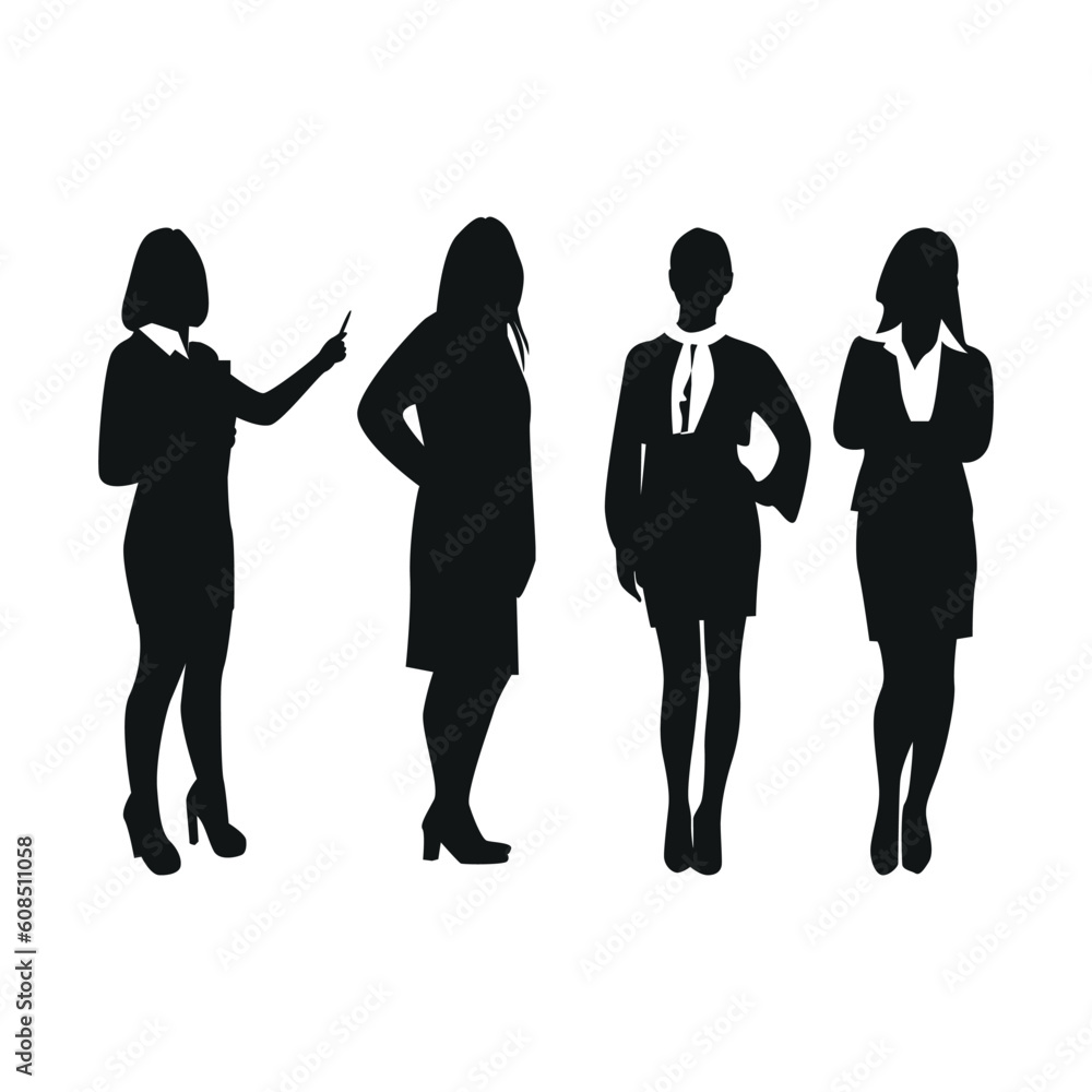 Women vector silhouette set, group of business people standing, black color isolated on white background