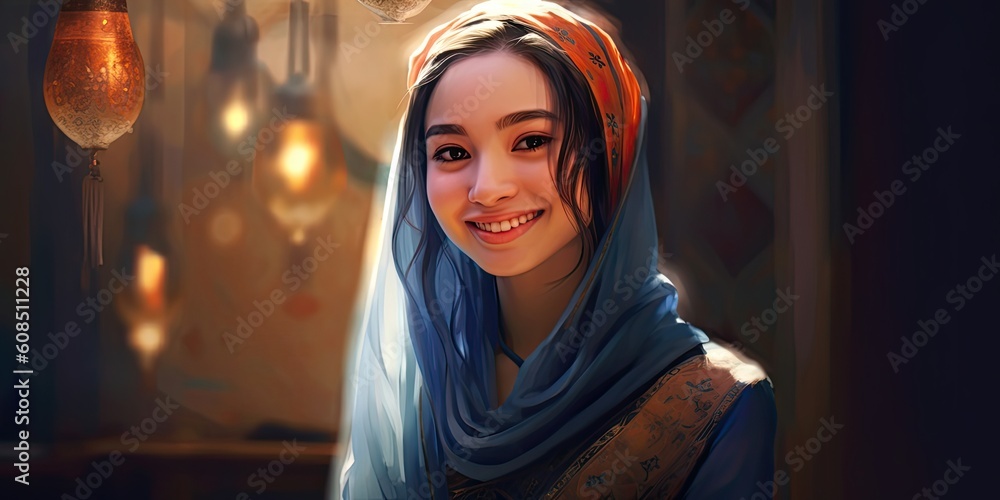 Uyghurs girl illustration by generative AI - obrazy, fototapety, plakaty 