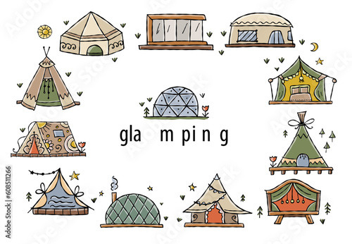 Glamping Adventures: Collection for Outdoor Luxury Camping. Vector Illustration for your design
