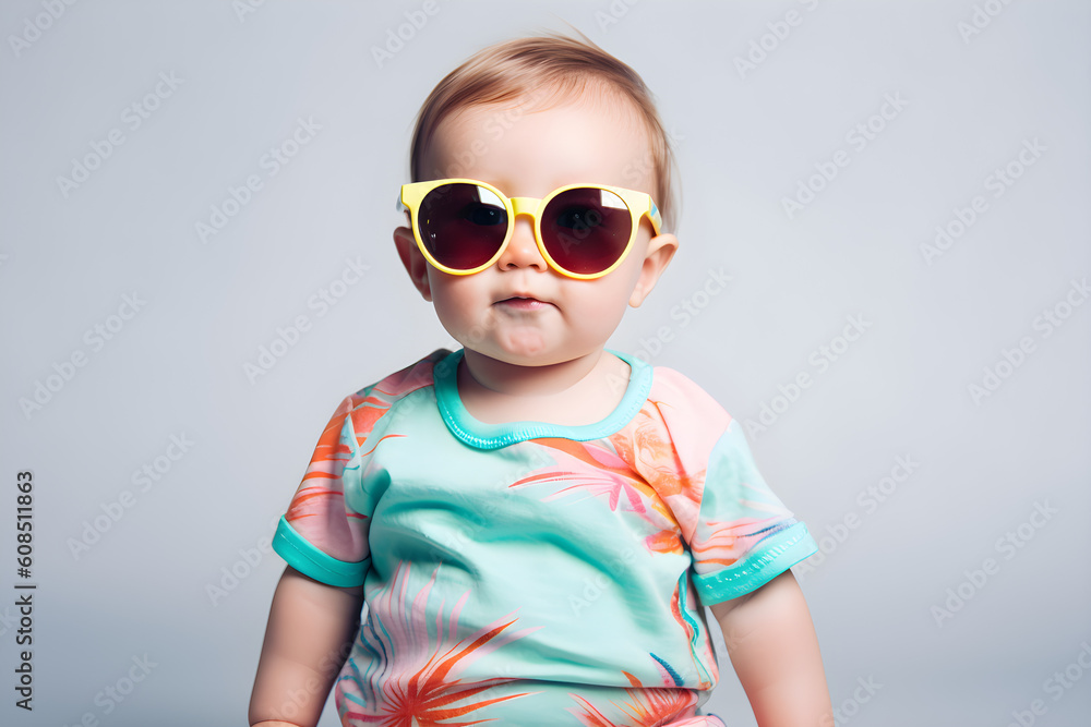 portrait of a baby wearing a sunglasses, Generative AI portrait of a baby wearing a sunglasses, Generative AI