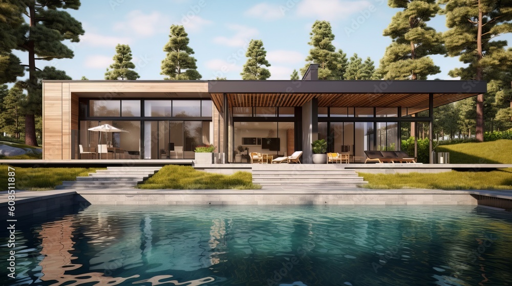 A contemporary house with a refreshing pool in the backyard. Generative ai