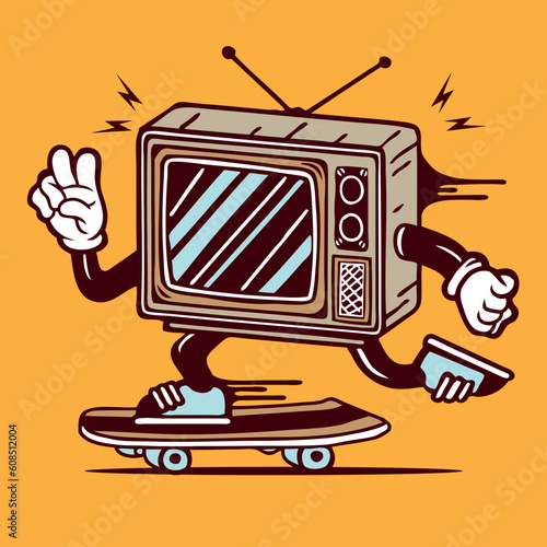 Retro Vintage Television Skater Mascot Vector Skateboarding Character Design