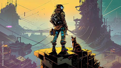 Colored Ink Splash Cyberpunk Man with a Cat Overlooking a City Landscape Generative AI Illustration