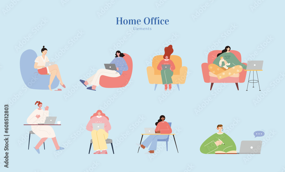 Women work from home element set Women work from home element set