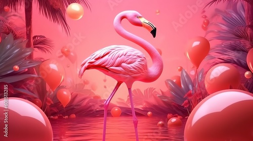 A solitary pink flamingo standing in calm waters. Generative ai