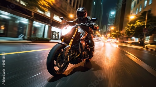 A motorcycle rider racing at full speed through the city streets at night  capturing the thrill and freedom of urban biking. Generative AI