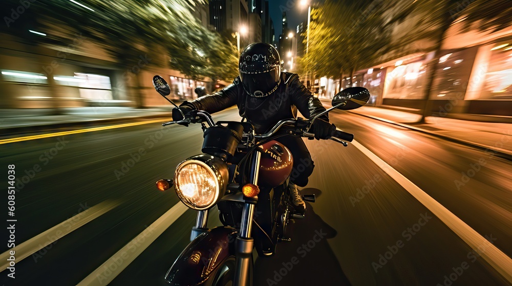 A motorcycle rider racing at full speed through the city streets at night, capturing the thrill and freedom of urban biking. Generative AI
