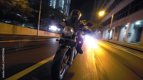 A motorcycle rider racing at full speed through the city streets at night, capturing the thrill and freedom of urban biking. Generative AI