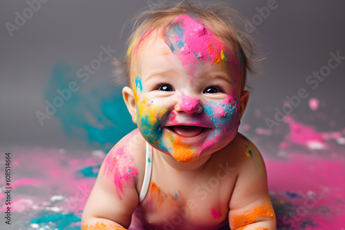 portrait of a baby covered in colourful paint