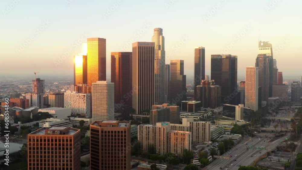 Aerial of the tall buildings of downtown Los Angeles at dawn Aerial of the tall buildings of downtown Los Angeles at dawn