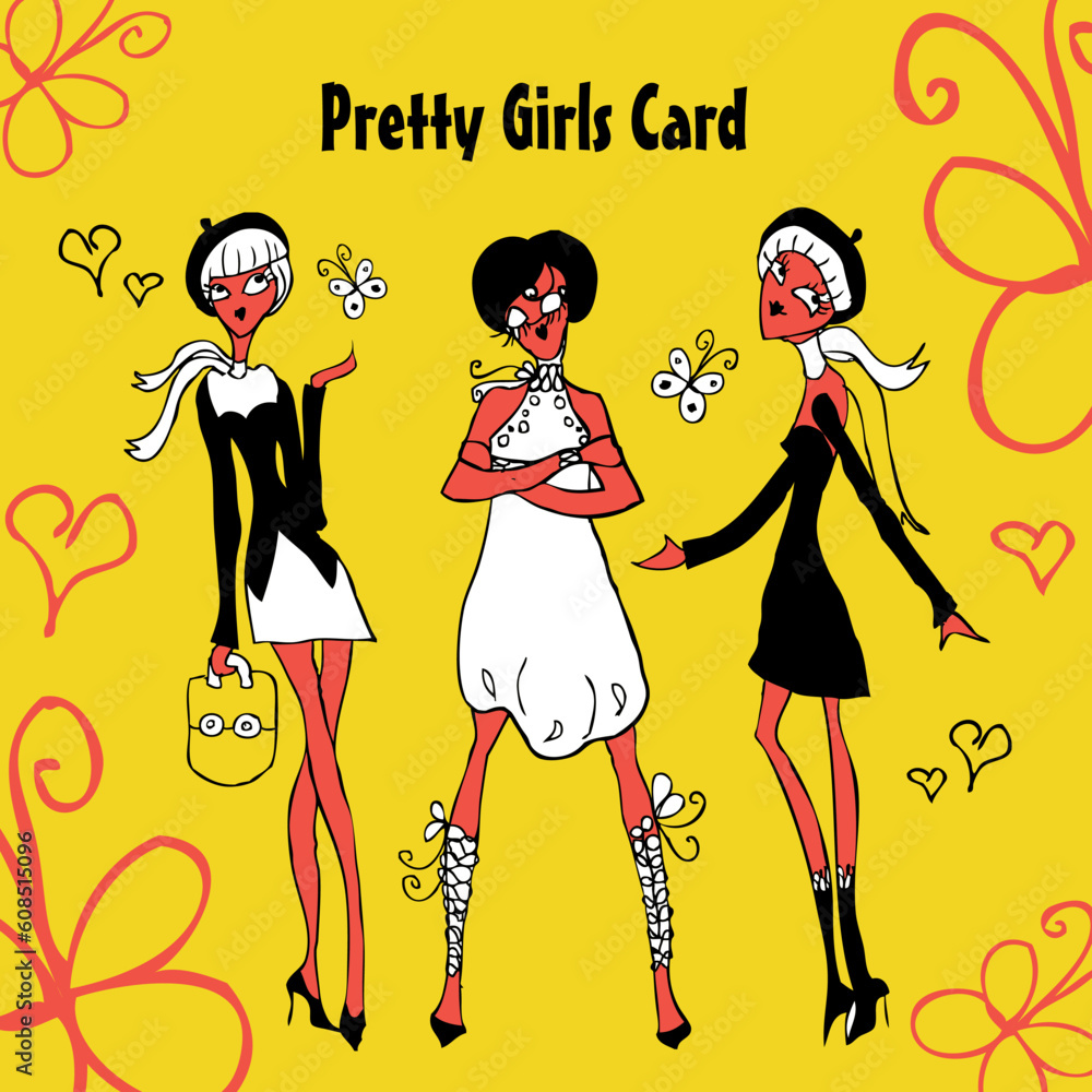Pretty cartoon girls silhouette card fashion french style retro doodley