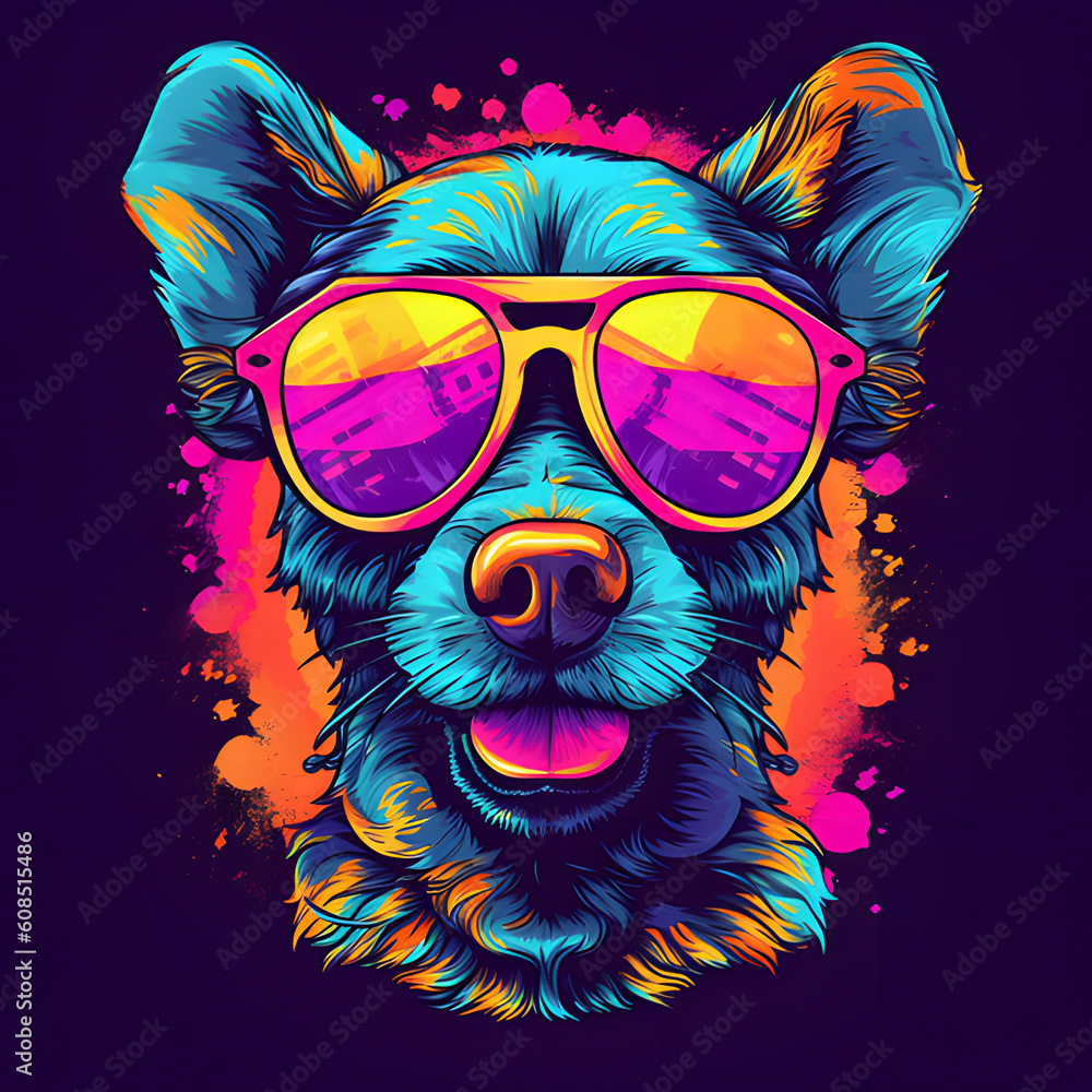 Dog wear sunglasses retro art style