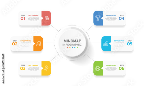 Infographic template for business. 6 Steps Modern Mindmap diagram with rectangle topics, presentation vector infographic.