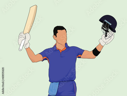 Cricket Batsman Celebrating Century Player Raised Helmet and Bat in Air Sports celebration