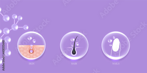 Hyaluronic acid skin hair nails solutions ad, purple collagen serum drop with cosmetic advertising background ready to use, illustration vector.