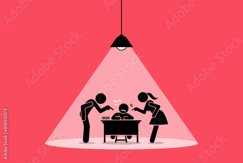 Parent forcing a child to study hard and giving pressure doing school homework. Vector illustration concepts depict learning stress, overbearing parenting, difficult education, and exam preparation. photo