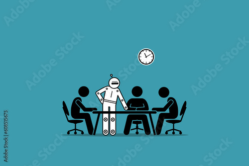 People getting AI artificial intelligence robot to help and give guidance in office work. Vector illustration depicts concept of chat bot, future technology, robot assistance, and android leader.