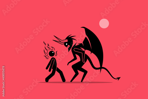 Face your demon. Man confront his fear and facing up against the demon. Vector illustrations concept of confident, bravery, fearless, withstand challenges, and unafraid of the devil.