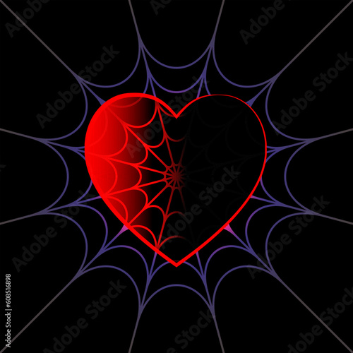 Abstract background illustration of spider web with half black and half red heart shape on isolated black background.